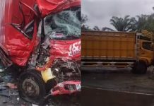 Truck Fuso dan Truck Ekspedisi Adu Banteng, satu Pengemudi Tewas